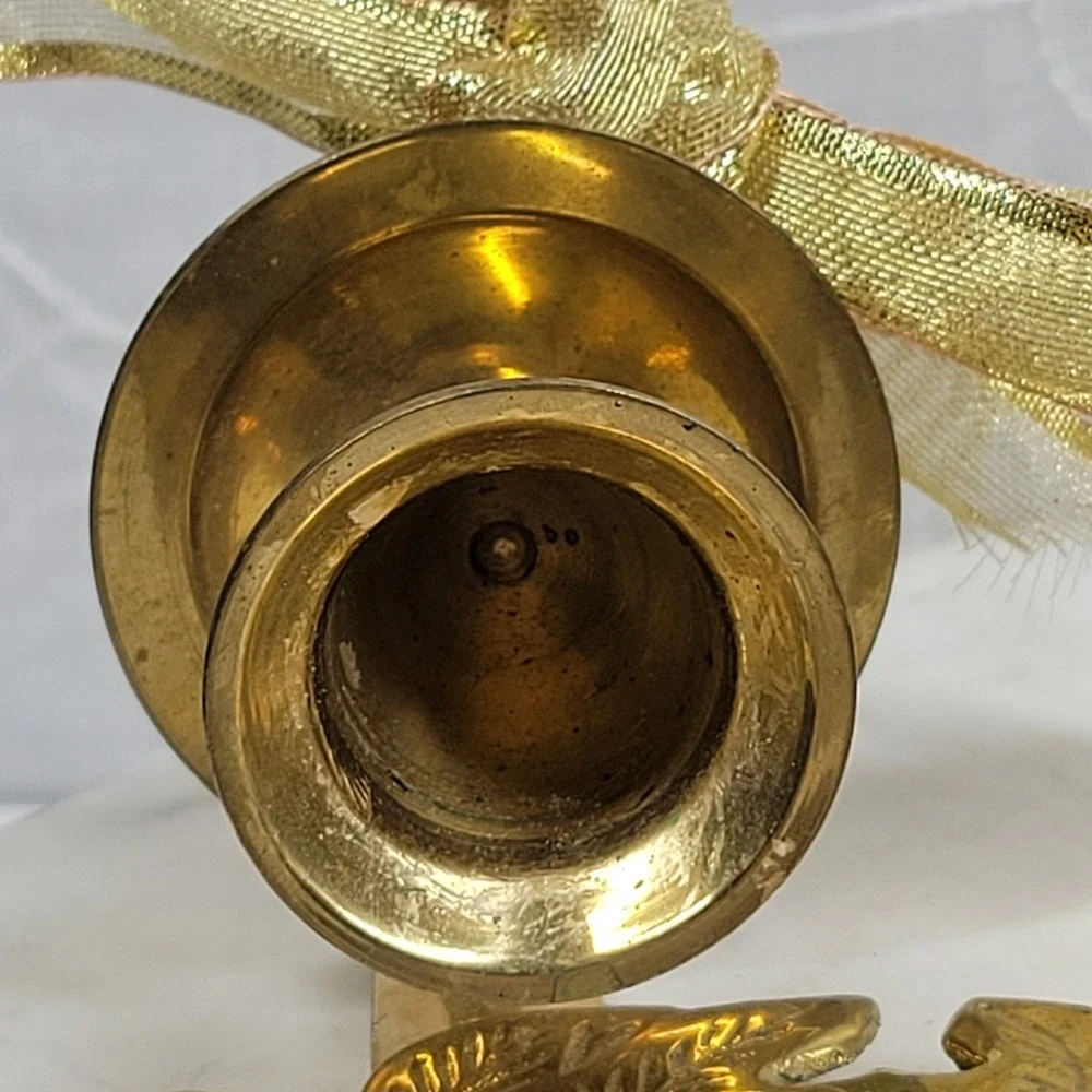 Solid Brass Christmas Wreath Candle Wall Sconces Pair Gold Holly Vintage Holiday